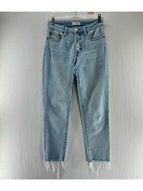 OAT NY High Rise Straight Crop Jeans Women 26 Light Wash Button Fly Raw Hem Blue